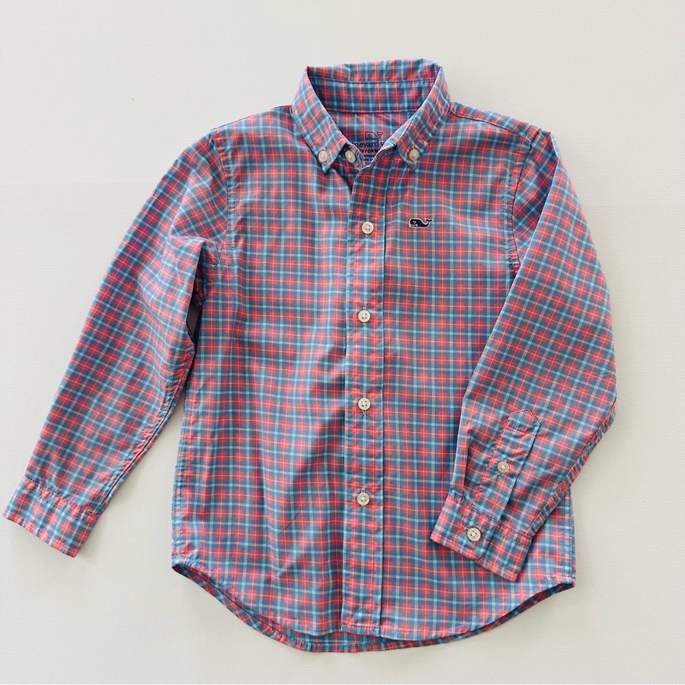 Vineyard Vines Performance 3T Plaid Whale Shirt Blue Orange